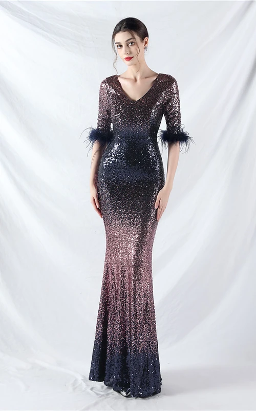 Vestido de noche de manga larga con cuentas degradadas de plumas de avestruz, hecho a mano