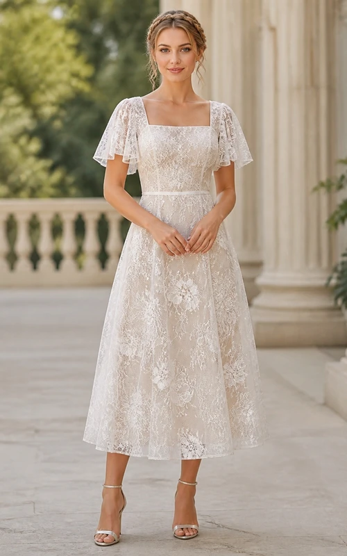 Schlichtes, teelanges Brautkleid mit eckigem Ausschnitt, flatternden Ärmeln und floraler Spitze