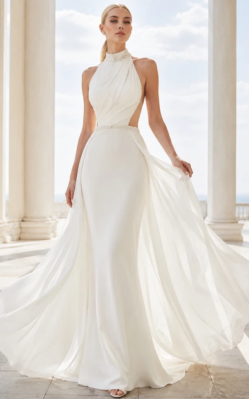 Robe de mariée moderne en mousseline fourreau dos nu, col montant, ornée de perles, avec traîne, ornée d'un dos nu et