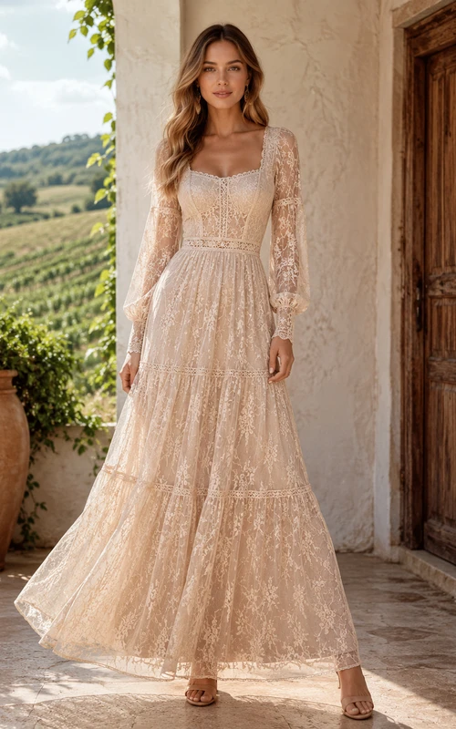 Vestido de invitada estilo bohemio color champán con escote cuadrado, mangas largas estilo poeta, encaje y falda escalonada de corte A hasta el tobillo.