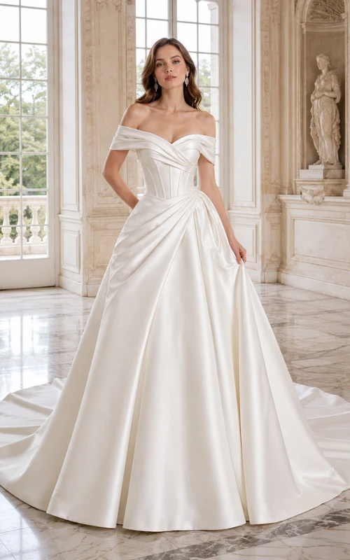 Robe de bal en satin plissé à épaules dénudées et manches courtes, avec traîne chapelle et drapé, idéale pour une mariée de luxe.
