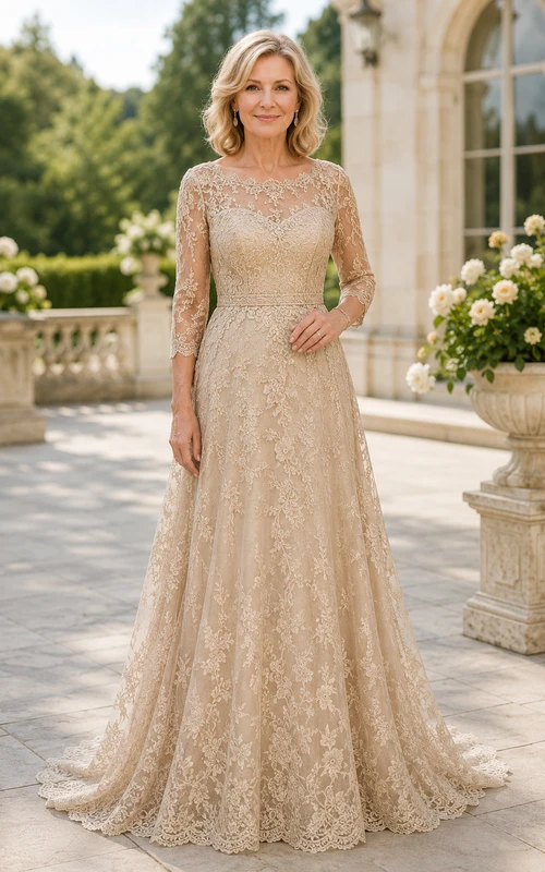 Champagnerfarbenes, langärmeliges A-Linien-Kleid aus Spitze mit Schleppe für die Mutter des Bräutigams