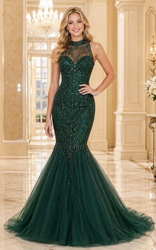 Dark Green Junior Pageant Sequined High Neck Lace Mermaid Chapel Train Dress