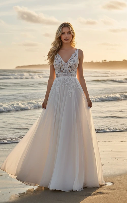 Vestido de novia de gasa con escote en V y encaje para la playa