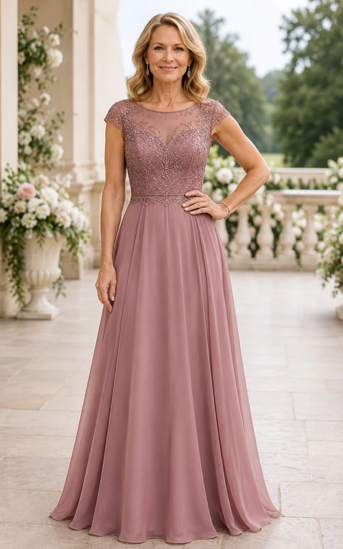 MOB-Kleid aus altrosafarbenem Chiffon mit Spitze, A-Linie, kurzen Ärmeln, Rundhalsausschnitt, bodenlang