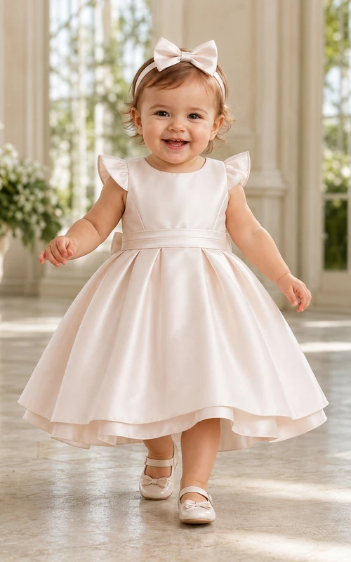 Blush Satin Baptism Dress A-Line Jewel Neck Sleeveless Bow Back