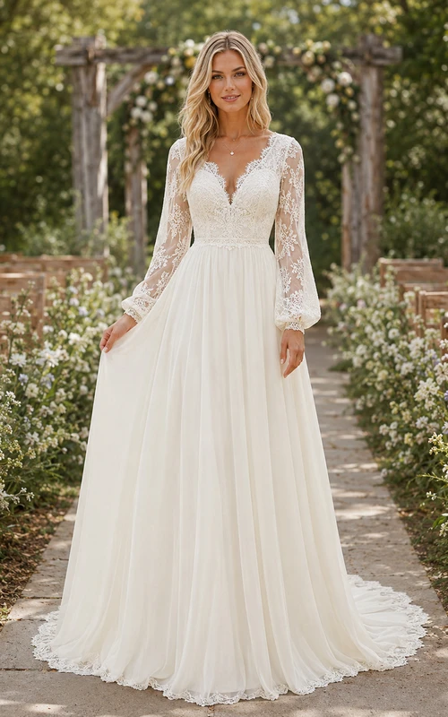 Affordable Boho Long Sleeve Lace Chiffon Garden Bridal Gown