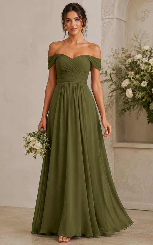 Dark Green Off-the-Shoulder Chiffon A-Line Bridesmaid Dress