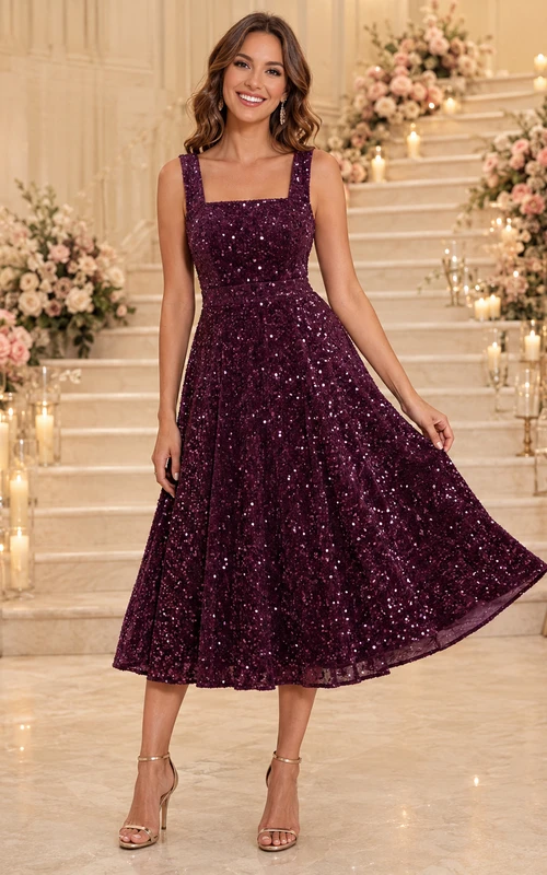 Vestido de fiesta formal de corte A con tirantes cuadrados y lentejuelas color ciruela