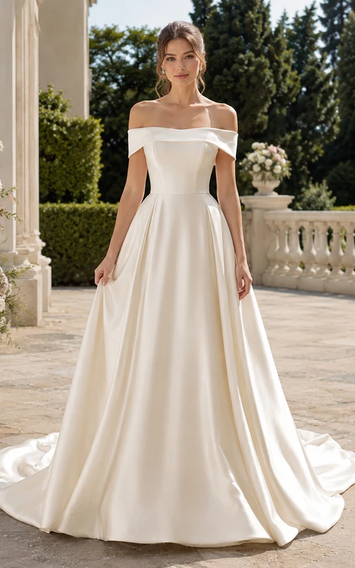 Vestido de novia minimalista de satén, estilo princesa, con hombros descubiertos y cola larga.