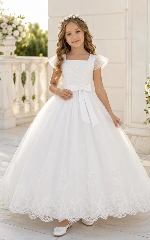 Vestido formal de comunión para niña de las flores, de tul con encaje y volantes en los hombros, hasta el tobillo.