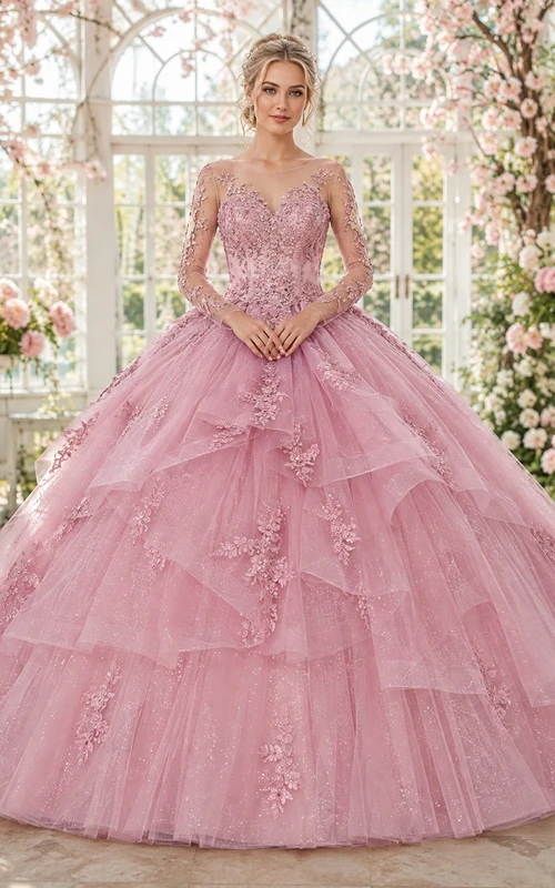 Dusty Pink Long Sleeve Lace Tulle Ball Gown Applique Quinceanera Dress