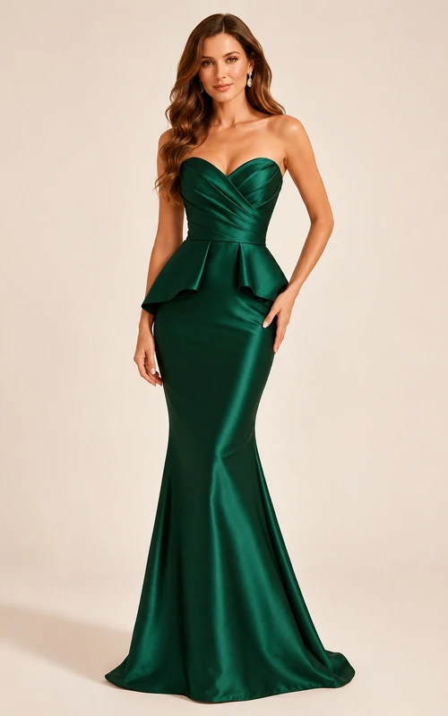 Dunkelgrünes, trägerloses Abendkleid mit Herzausschnitt, Schößchen und Meerjungfrauenschnitt aus Satin