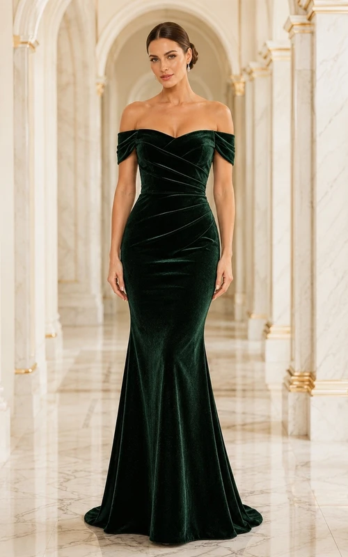 Luxury Dark Green Off Shoulder Long Sleeve Mermaid Velvet Dress