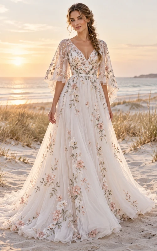 Boho V-neck Pink Floral Embroidered Flutter Cape Bridal Wedding Dress