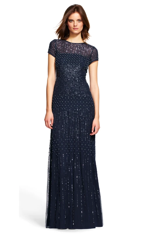 Vestido de dama de honor largo hasta el suelo, de manga corta, cuello joya, con lentejuelas y cuentas.