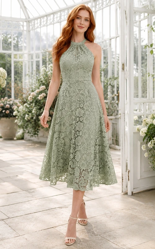 Robe bohème romantique de jardin à dos nu en dentelle céladon, coupe trapèze, longueur thé