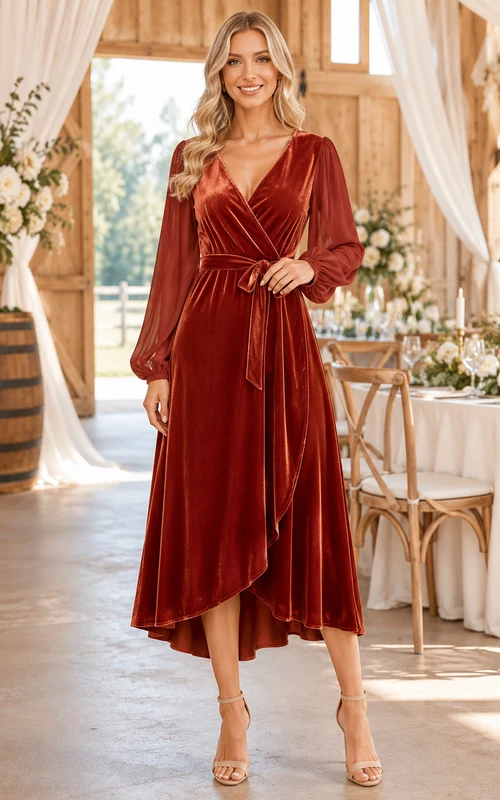 Orangefarbenes, langärmeliges Samt-Wickelkleid mit V-Ausschnitt und asymmetrischem Saum – perfekt als Gastkleid für eine Scheunenhochzeit.