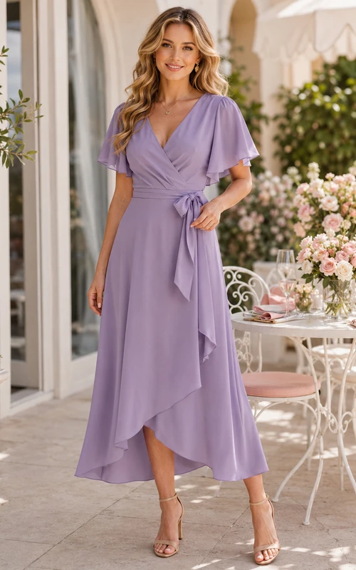 Soft Lavender Wrap Flutter Sleeve Asymmetrical Midi Guest Dress