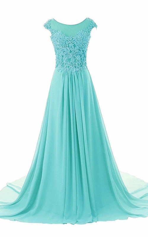 Dramatic Floor Length Chiffon Dress With Beaded Lace Appliques