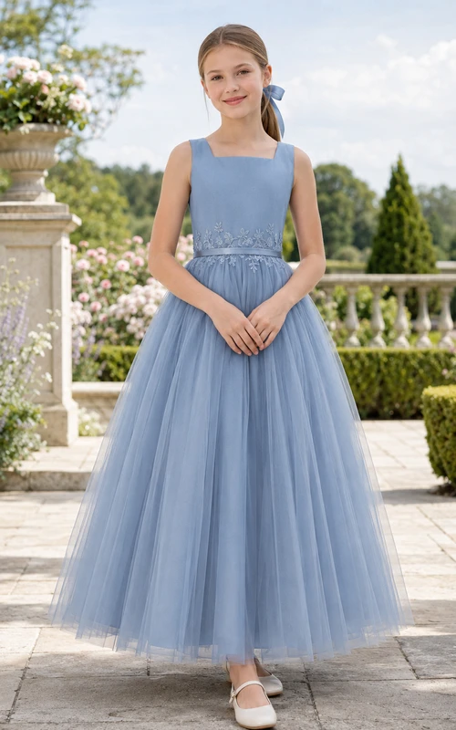 Stahlblaues, ärmelloses, bodenlanges A-Linien-Kleid aus Tüll – elegant und formell für Blumenmädchen