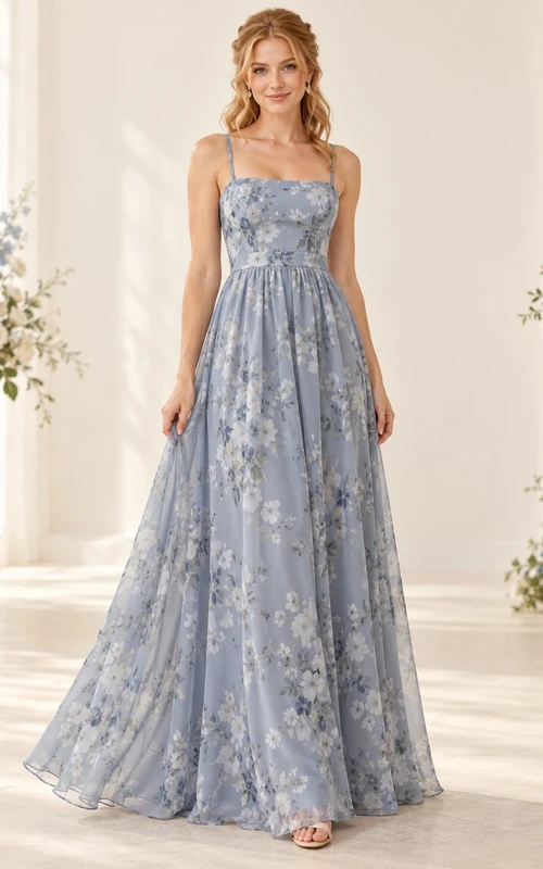Vestido de dama de honor de gasa azul empolvado con escote cuadrado, sin mangas y largo hasta el suelo, corte en A.