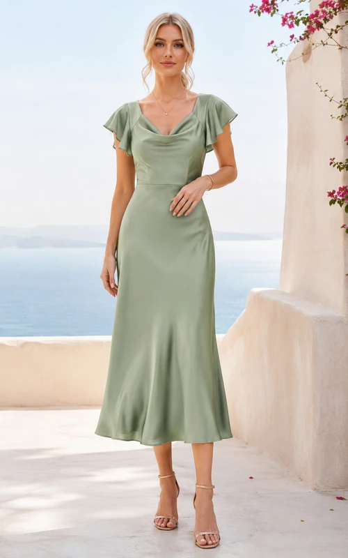 Meadow Slip Celadon Sheath Ankle-Length V-Neck Short-Sleeve Satin Elegant Guest Dress