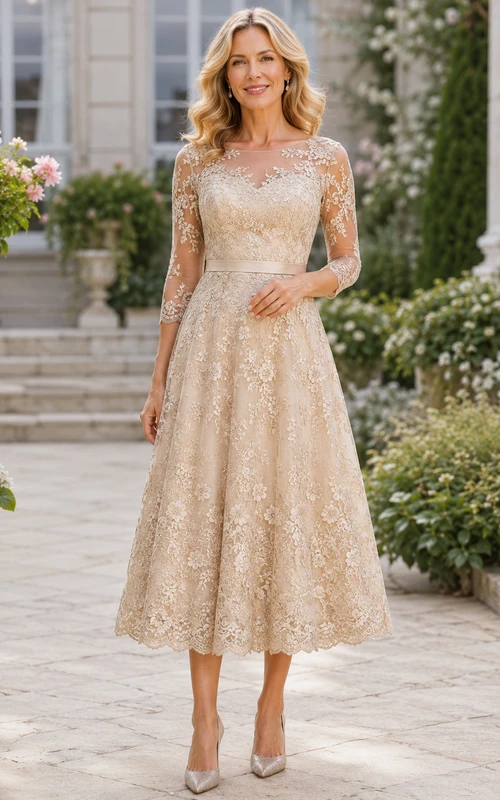 Robe de mère champagne à manches illusion en dentelle, coupe trapèze, longueur thé
