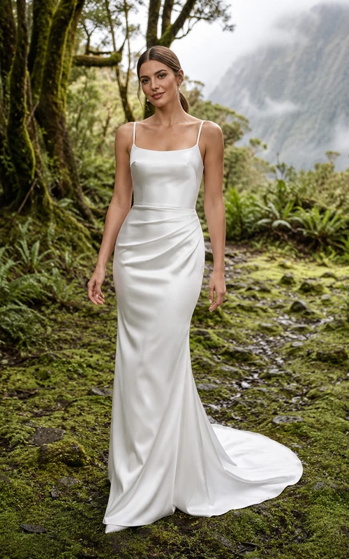 Robe de mariée en satin fourreau à bretelles spaghetti et col carré, traîne balayée, style forêt