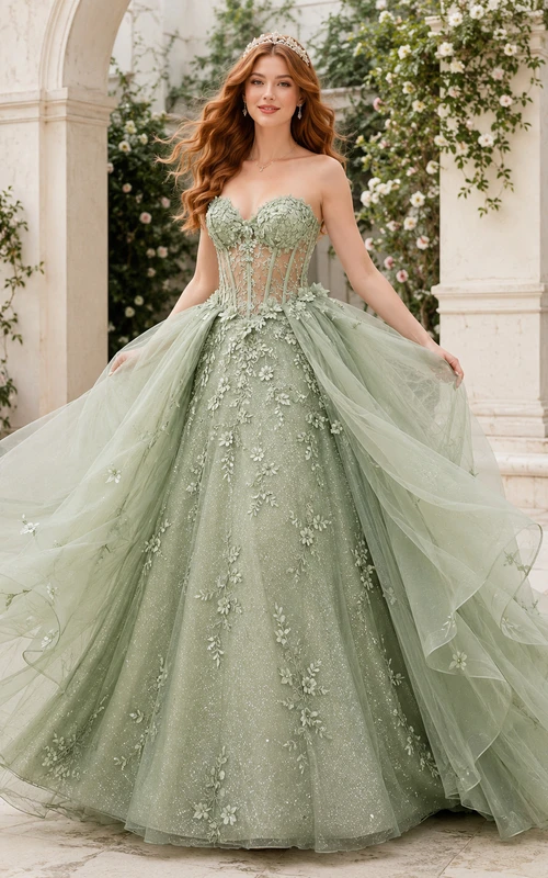 celadon Green Luxury Strapless Floral Detachable Tulle Overskirt Quinceanera Princess Ball Gown
