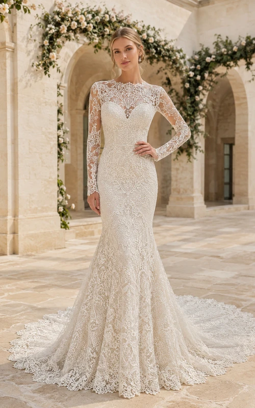 Robe de mariée sirène en dentelle illusion à col montant et manches longues, avec traîne chapelle et col chapelle modeste