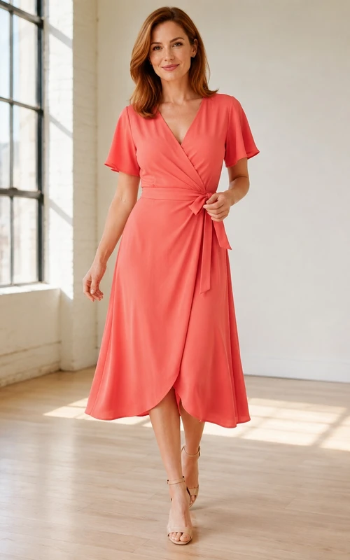 Robe midi portefeuille à manches courtes et col V en jersey corail