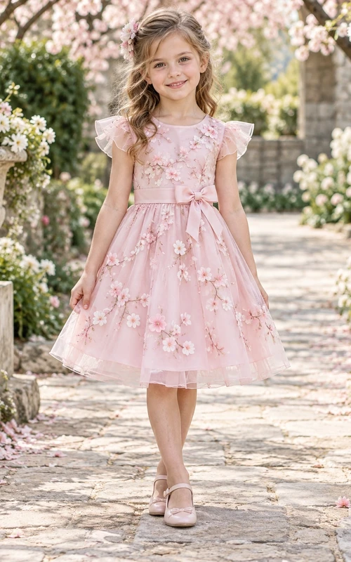 Tea-length Pearl Pink Flutter Sleeve Floral Applique Tulle Bow Flower Girl Dress