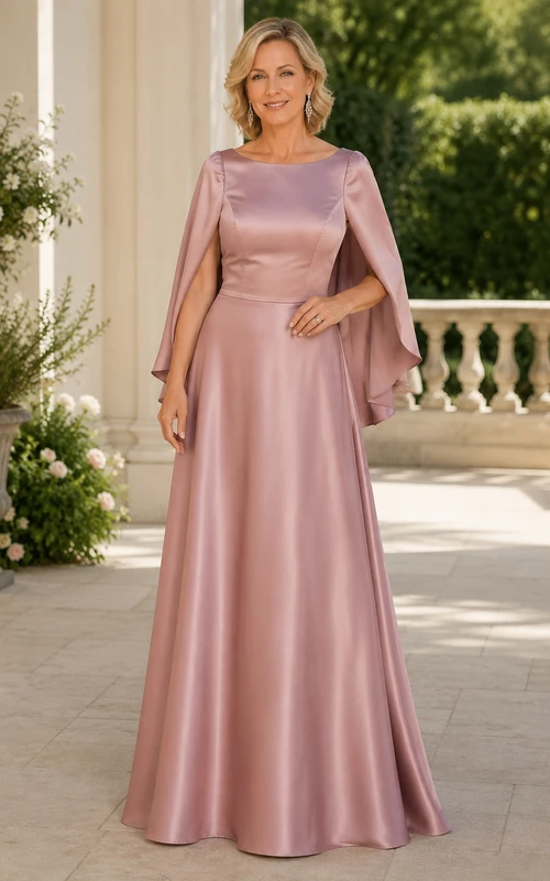 MOB-Kleid aus altrosafarbenem Satin, A-Linie, lange Ärmel, U-Boot-Ausschnitt, bodenlang, Cape-Ärmel-Detail