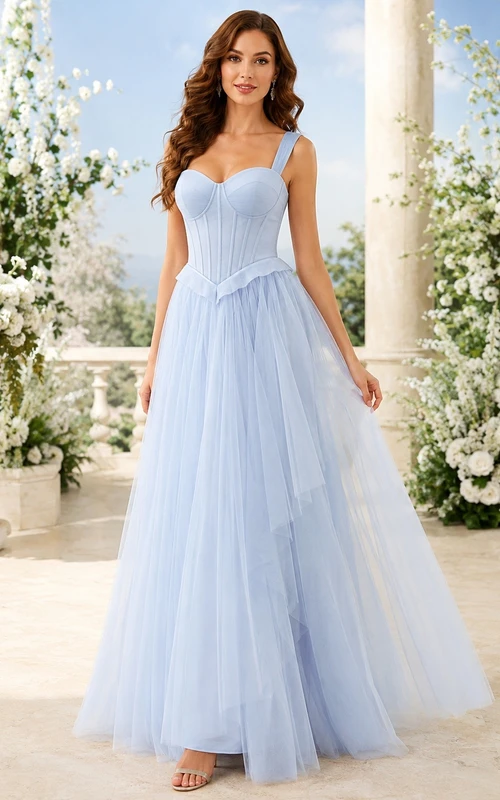 Vestido de novia bohemio largo hasta el suelo, de gasa, corte A, sin mangas, con tirantes azul cielo