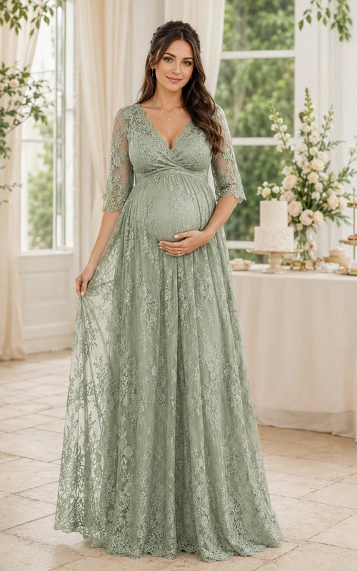 Vestido formal modesto de manga tres cuartos con escote en V y encaje, largo hasta el suelo, de la marca Sage Maternity.