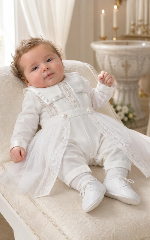 Luxuriöser weißer Jumpsuit mit langen Ärmeln und Spitzenbesatz für Babys, ideal für Kirche und Taufe