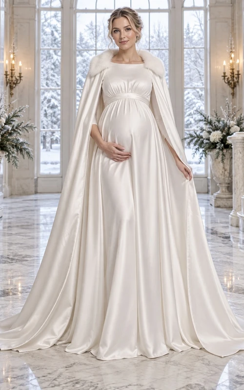 Vestido de novia sencillo de satén estilo barco con cuello de piel y falda tipo capa imperio para embarazadas