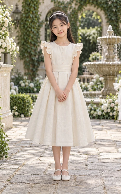 Tea-length Country Ivory A-line Pintucked Ruffle-sleeve Button-front Sashed Flower Girl Dress