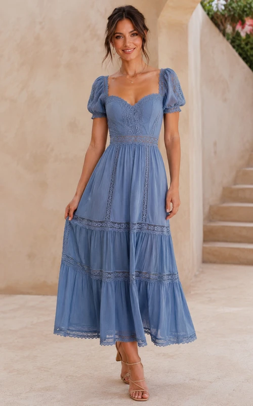 Steel Blue Tiered Chiffon Puff Sleeve Tea-Length Dress