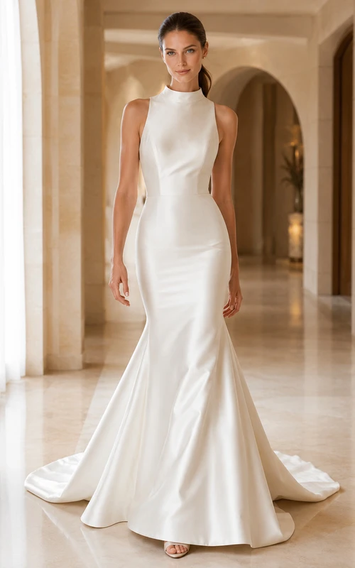 Modern High Neck Sleeveless Satin Mermaid Button Back Chapel Train Wedding Gown