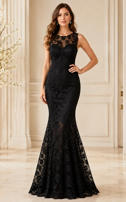 Vestido de noche formal largo hasta el suelo, sin mangas, con escote barco y encaje floral negro, estilo sirena.