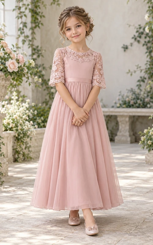 Dusty Rose Lace Neck Elbow Sleeve Flower Girl Dress