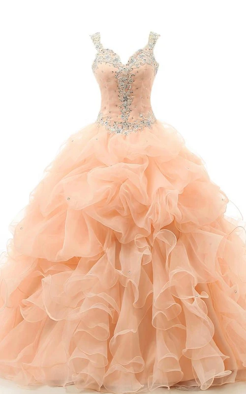 Robe de bal longue jusqu'au sol, décolleté cœur, sans manches, ornée de perles et d'appliques, à volants, en organza