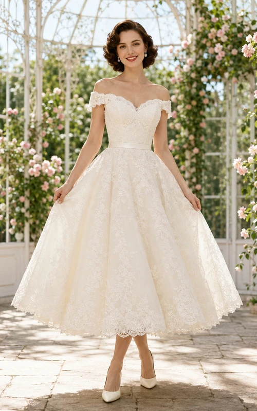 Vintage Romantic Off Shoulder Short Sleeve Lace Tea Length Ball Gown Wedding Dress
