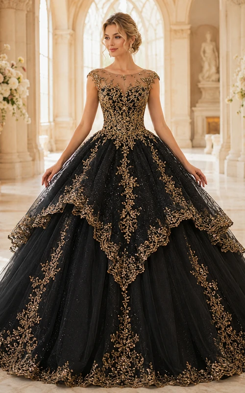 Black Gold Bateau Illusion Layered Embroidered Luxury Princess Quinceanera Ball Gown