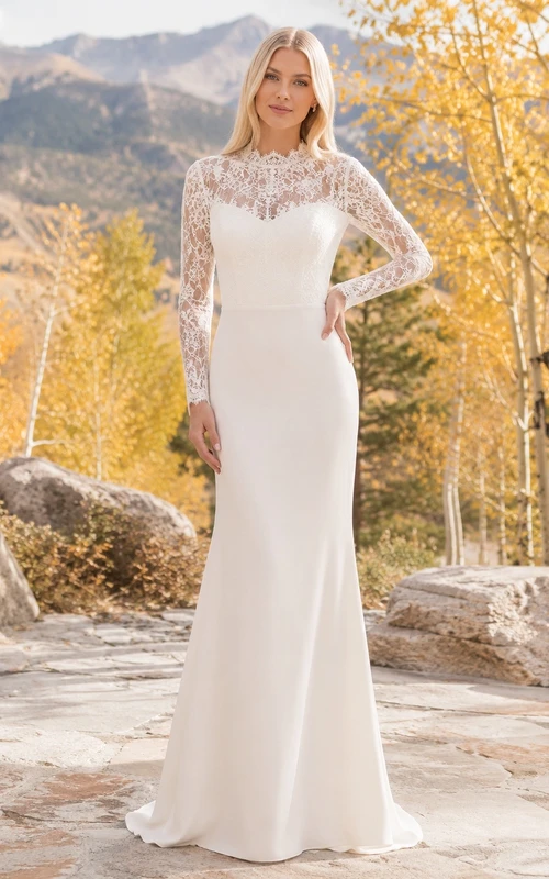 Modest High-Neck Long-Sleeve Lace Sheath Floor-Length Elopement Wedding Dress