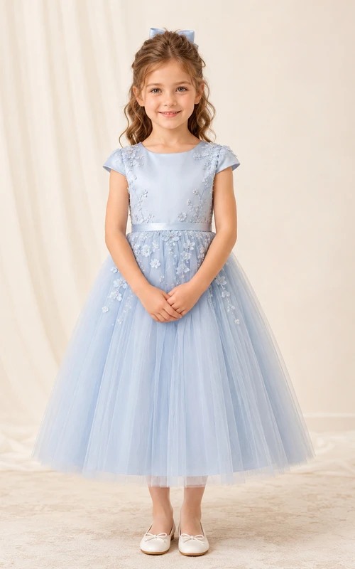 Blue Tulle A-Line Flower Girl Dress with Short Sleeves, Jewel Neck and Tea-Length Skirt
