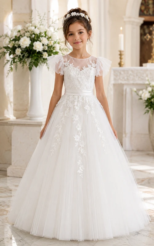 Weißes Ballkleid aus Spitze für Blumenmädchen mit Applikationen und floralen Details