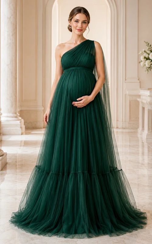 Maternity Dark Green One Shoulder Sleeveless Tulle Empire Dress
